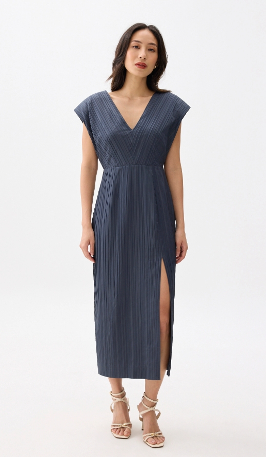 knee length dresses for ladies London Times Pleated Surplice Neck Midi Dress in Black at Nordstrom Rack, Size Medium main image 0