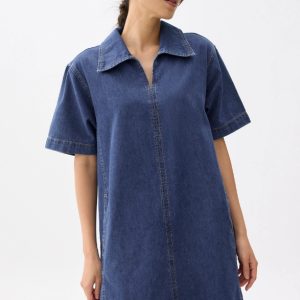 Denim Collared Trapeze Dress - Image 4